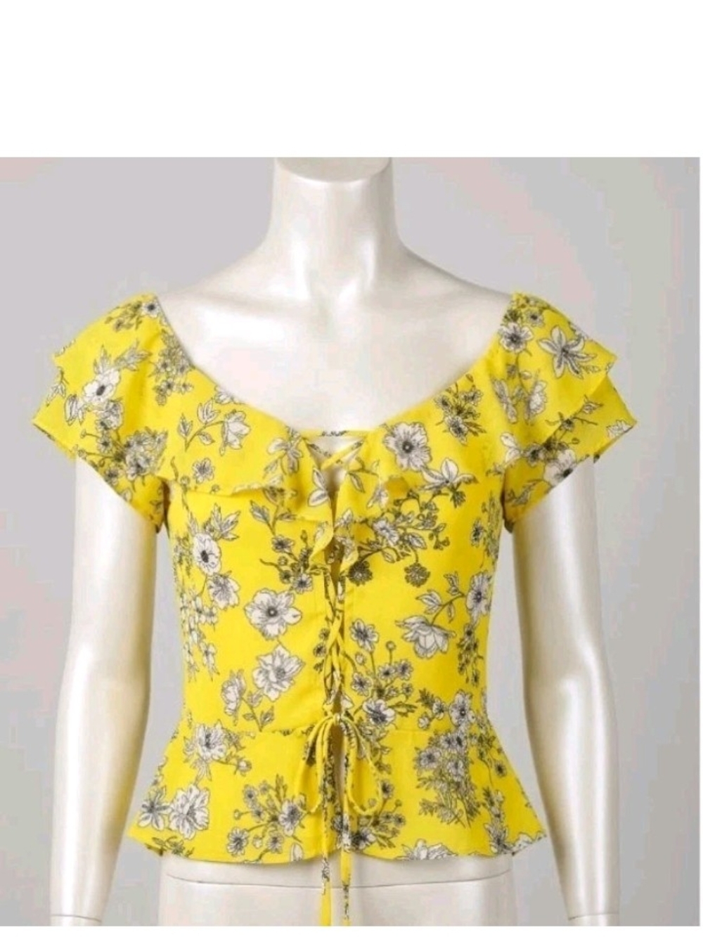 Gianni Bini Yellow Floral Lace-Up Ruffle Top